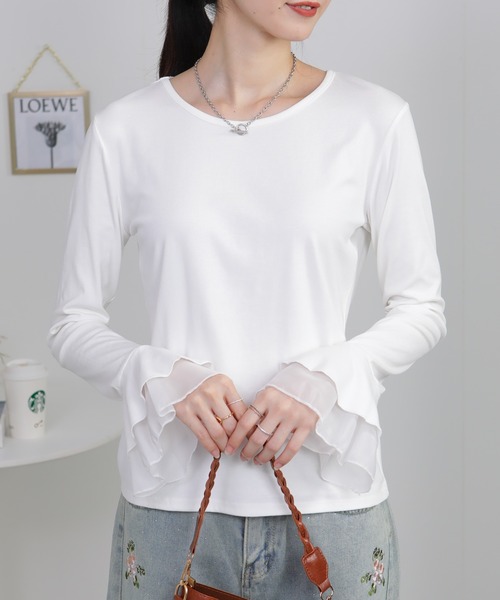 pumpkin port（パンプキンポート）の「袖口フレア クルーネック長袖Tシャツ（Tシャツ/カットソー・レディース・ホワイト/ブラック/ブラウン/グレー・M）」の11枚目の写真