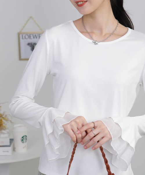 pumpkin port（パンプキンポート）の「袖口フレア クルーネック長袖Tシャツ（Tシャツ/カットソー・レディース・ホワイト/ブラック/ブラウン/グレー・M）」の10枚目の写真