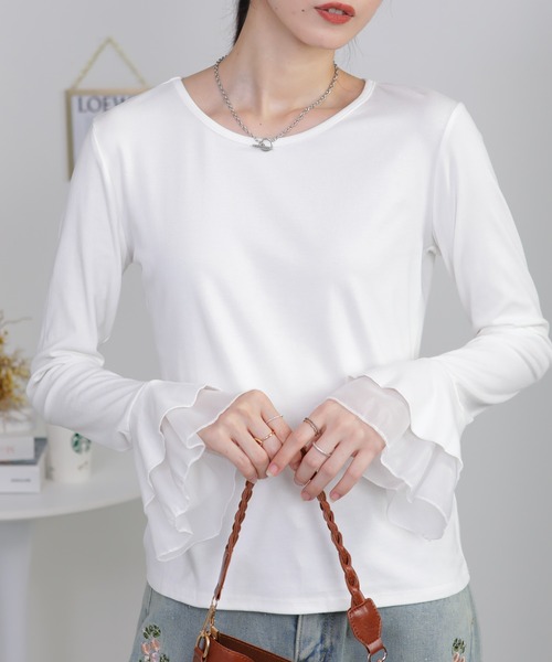 pumpkin port（パンプキンポート）の「袖口フレア クルーネック長袖Tシャツ（Tシャツ/カットソー・レディース・ホワイト/ブラック/ブラウン/グレー・M）」の9枚目の写真
