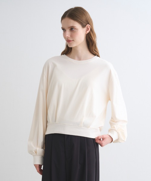 three dots(スリードッツ)の「スエードジャージー ボリュームトップス(Tシャツ/カットソー・レディース・アイボリー/ブラック・SMALL)」の5枚目の写真
