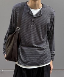 【Chikashitsu +】border layered henley neck t-shirt / 【チカシツプラス】ボーダーレイヤードヘンリーネック長袖Tシャツ<着用動画あり>