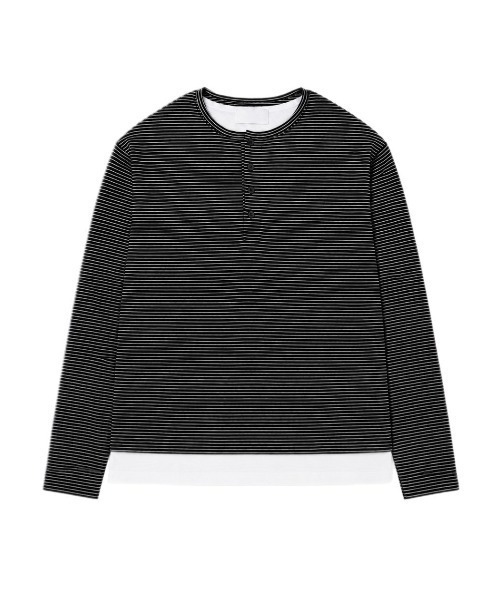 Chikashitsu +（チカシツプラス）の「【Chikashitsu +】border layered henley neck t-shirt / 【チカシツプラス】ボーダーレイヤードヘンリーネック長袖Tシャツ＜着用動画あり＞（Tシャツ/カットソー・メンズ・ブラウン/ブラック/グレー・ONE SIZE）」の7枚目の写真