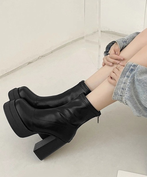 Miniministore(ミニミニストア)の「厚底ストレッチブーツ太ヒールブーティ美脚(ブーツ・レディース・ブラック系2/ブラック系1・23.0cm/22.5cm/24.0cm/23.5cm/24.5cm)」の4枚目の写真