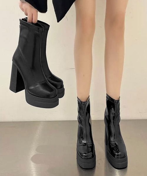 Miniministore(ミニミニストア)の「厚底ストレッチブーツ太ヒールブーティ美脚(ブーツ・レディース・ブラック系2/ブラック系1・23.0cm/22.5cm/24.0cm/23.5cm/24.5cm)」の21枚目の写真