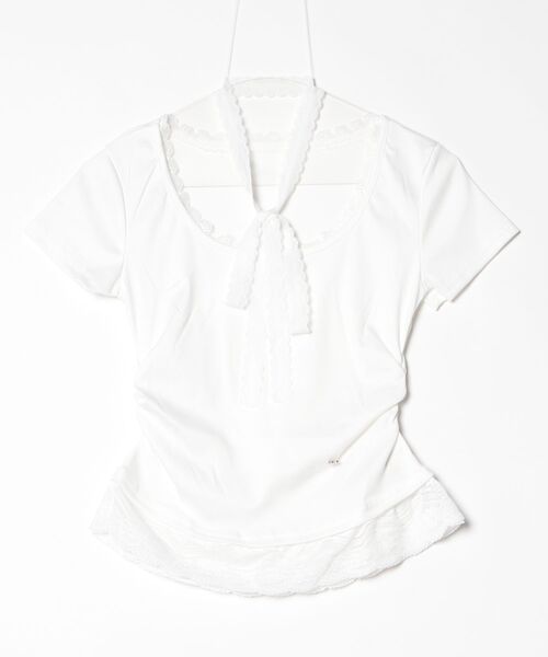 Dream garden(ドリームガーデン)の「韓国ファッション 襟裾レース切り替え半袖Tシャツ(Tシャツ/カットソー・レディース・ブルー/ホワイト・S/M/L/XL)」の1枚目の写真