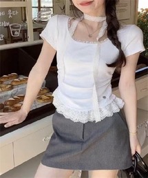 韓国ファッション　襟裾レース切り替え半袖Tシャツ