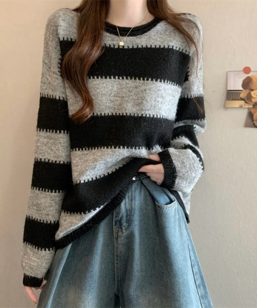 AMAJI(アマジ)の「配色切替 クルーネック ニットトップス(ニット/セーター・レディース・ベージュ/グレー/イエロー・FREE)」の2枚目の写真