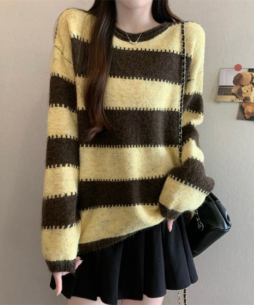 AMAJI(アマジ)の「配色切替 クルーネック ニットトップス(ニット/セーター・レディース・ベージュ/グレー/イエロー・FREE)」の3枚目の写真