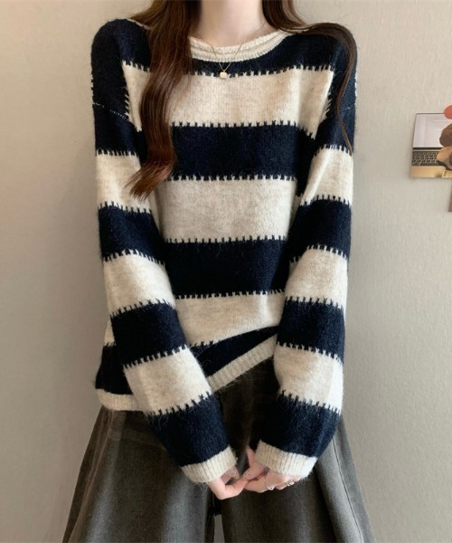 AMAJI(アマジ)の「配色切替 クルーネック ニットトップス(ニット/セーター・レディース・ベージュ/グレー/イエロー・FREE)」の6枚目の写真