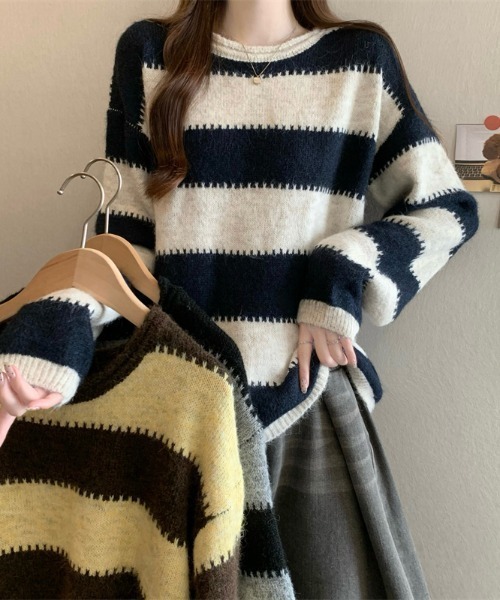 AMAJI(アマジ)の「配色切替 クルーネック ニットトップス(ニット/セーター・レディース・ベージュ/グレー/イエロー・FREE)」の5枚目の写真