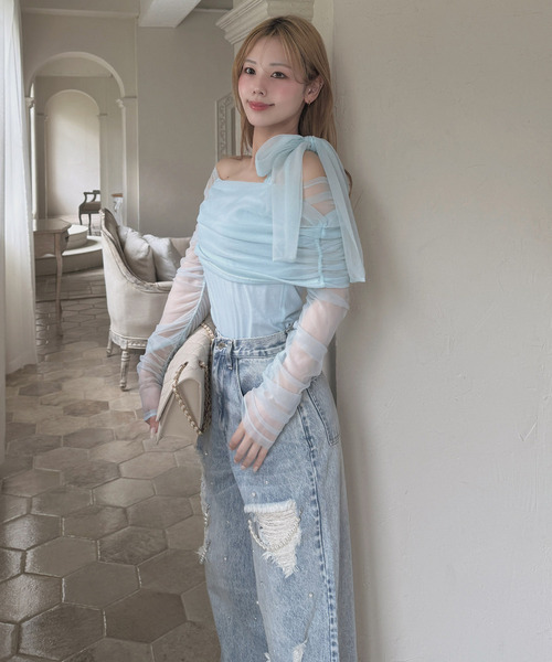 ROYAL PARTY(ロイヤルパーティー)の「ショルダーリボンチュールトップス(Tシャツ/カットソー・レディース・ブラック/オフホワイト/ブルー・FREE)」の16枚目の写真