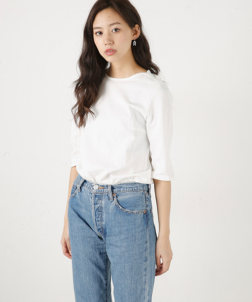 MOUSSY（マウジー）の「HALF ROUND SLEEVE TOPS（Tシャツ/カットソー・レディース・ピンク/ライトグレー/グリーン/ホワイト/ライトブラック・FREE）」の2枚目の写真