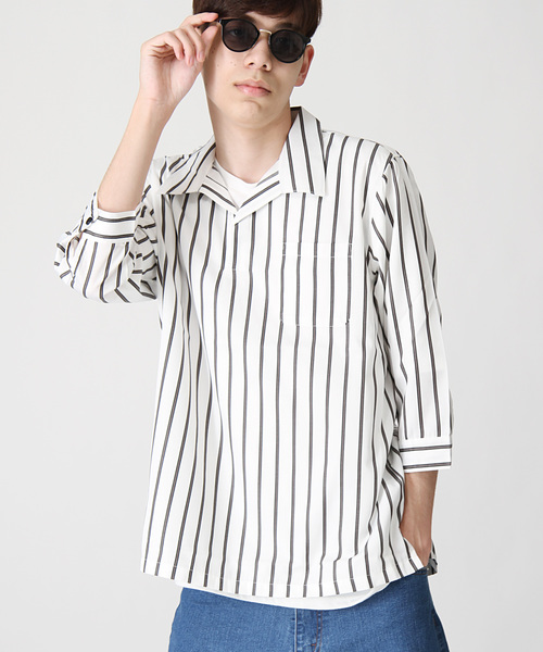 ZIP FIVE(ジップファイブ)の「T/Cブロード7分袖スキッパーオープンカラーシャツ【開襟シャツ】(シャツ/ブラウス・メンズ・パープル/ブラック/ブラック系その他/グリーン/ネイビー/ブルー系その他/グレー/ベージュ/グリーン系その他/ホワイト系その他・X-LARGE/LARGE/MEDIUM)」の2枚目の写真