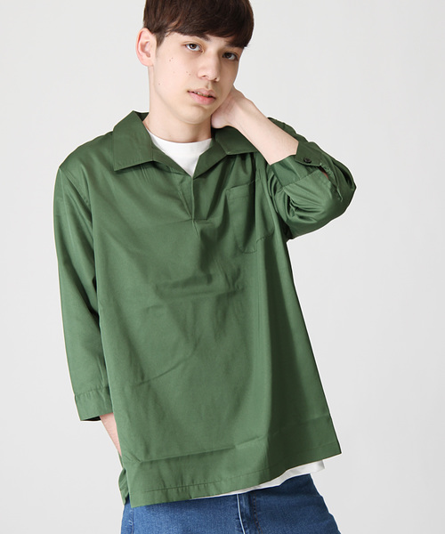 ZIP FIVE(ジップファイブ)の「T/Cブロード7分袖スキッパーオープンカラーシャツ【開襟シャツ】(シャツ/ブラウス・メンズ・パープル/ブラック/ブラック系その他/グリーン/ネイビー/ブルー系その他/グレー/ベージュ/グリーン系その他/ホワイト系その他・X-LARGE/LARGE/MEDIUM)」の1枚目の写真