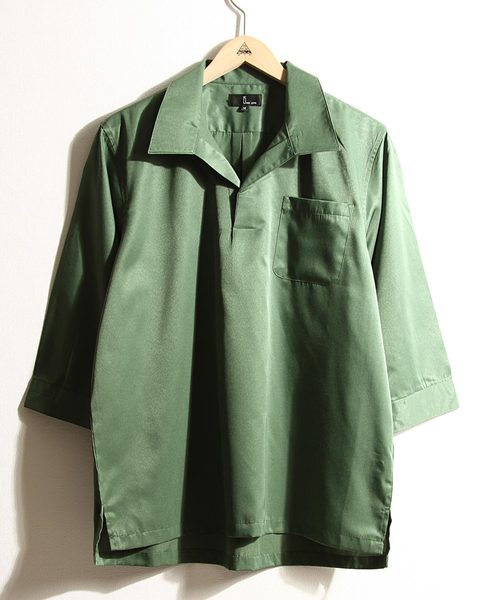 ZIP FIVE(ジップファイブ)の「T/Cブロード7分袖スキッパーオープンカラーシャツ【開襟シャツ】(シャツ/ブラウス・メンズ・パープル/ブラック/ブラック系その他/グリーン/ネイビー/ブルー系その他/グレー/ベージュ/グリーン系その他/ホワイト系その他・X-LARGE/LARGE/MEDIUM)」の16枚目の写真