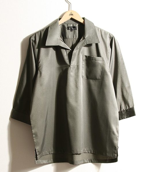 ZIP FIVE(ジップファイブ)の「T/Cブロード7分袖スキッパーオープンカラーシャツ【開襟シャツ】(シャツ/ブラウス・メンズ・パープル/ブラック/ブラック系その他/グリーン/ネイビー/ブルー系その他/グレー/ベージュ/グリーン系その他/ホワイト系その他・X-LARGE/LARGE/MEDIUM)」の5枚目の写真