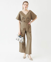 Vネックダブルボタンオールインワン