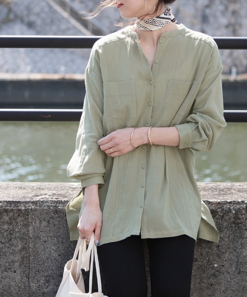 reca(レカ)の「バンドカラーシアーシャツ(シャツ/ブラウス・レディース・ベージュ/ホワイト/オリーブ・M)」の3枚目の写真