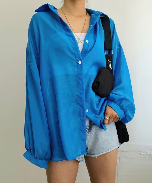 me+em select(ミームセレクト)の「【数量限定販売】【 5color 】ボリューム袖シアーBIGシャツ(シャツ/ブラウス・レディース・アイボリー/ブラック/オレンジ/ブルー/パープル・FREE)」の1枚目の写真