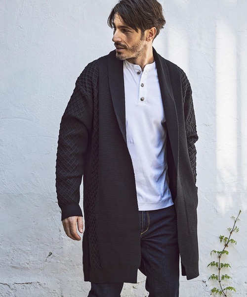 AKM Contemporary（エイケイエムコンテンポラリー）の「直営・WEB別注 AKM Contemporary(エイケイエムコンテンポラリー)ワッフル編みロングニットカーディガン（カーディガン/ボレロ・メンズ・ベージュ/サックスブルー/ネイビー/ブラック/オフホワイト/ライトグレー・M/S/L）」の3枚目の写真