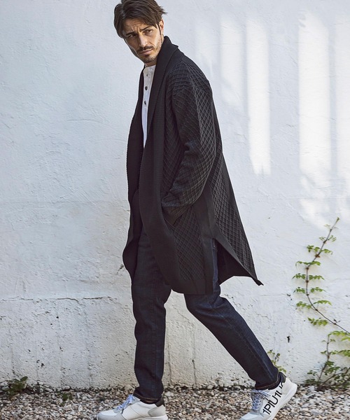 AKM Contemporary（エイケイエムコンテンポラリー）の「直営・WEB別注 AKM Contemporary(エイケイエムコンテンポラリー)ワッフル編みロングニットカーディガン（カーディガン/ボレロ・メンズ・ベージュ/サックスブルー/ネイビー/ブラック/オフホワイト/ライトグレー・M/S/L）」の12枚目の写真