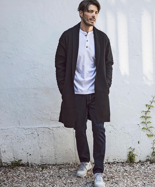 AKM Contemporary（エイケイエムコンテンポラリー）の「直営・WEB別注 AKM Contemporary(エイケイエムコンテンポラリー)ワッフル編みロングニットカーディガン（カーディガン/ボレロ・メンズ・ベージュ/サックスブルー/ネイビー/ブラック/オフホワイト/ライトグレー・M/S/L）」の13枚目の写真