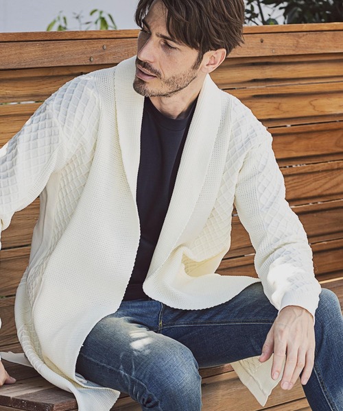 AKM Contemporary（エイケイエムコンテンポラリー）の「直営・WEB別注 AKM Contemporary(エイケイエムコンテンポラリー)ワッフル編みロングニットカーディガン（カーディガン/ボレロ・メンズ・ベージュ/サックスブルー/ネイビー/ブラック/オフホワイト/ライトグレー・M/S/L）」の17枚目の写真