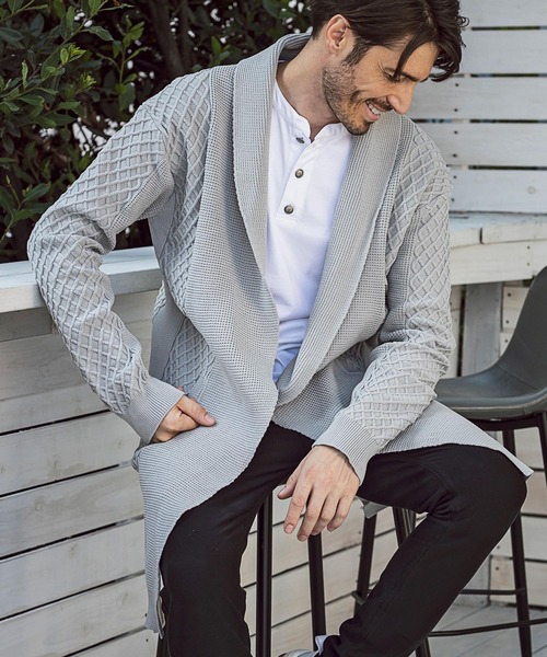 AKM Contemporary（エイケイエムコンテンポラリー）の「直営・WEB別注 AKM Contemporary(エイケイエムコンテンポラリー)ワッフル編みロングニットカーディガン（カーディガン/ボレロ・メンズ・ベージュ/サックスブルー/ネイビー/ブラック/オフホワイト/ライトグレー・M/S/L）」の21枚目の写真