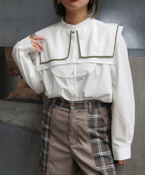 179/WG(イチナナキュウダブルジー)の「パイピングビッグカラーブラウス(シャツ/ブラウス・レディース・ブラック系/ホワイト系/ベージュ/オフホワイト・MEDIUM)」の2枚目の写真