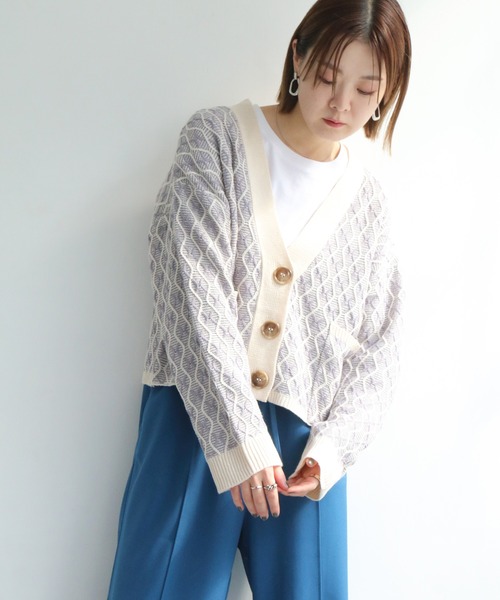 notch.（ノッチ）の「レトロ柄ショートカーデ（カーディガン/ボレロ・レディース・オフホワイト/エメラルド・M）」の5枚目の写真