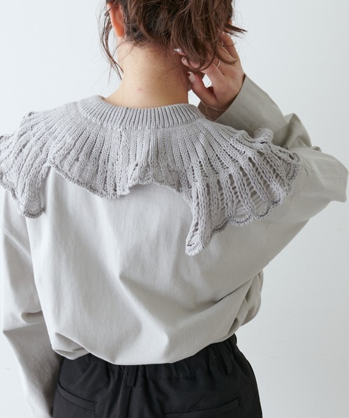 PUAL CE CIN(ピュアルセシン)の「透かし柄編み襟付きカットソー(Tシャツ/カットソー・レディース・ホワイト/ブラック/ライトベージュ・FREE)」の3枚目の写真