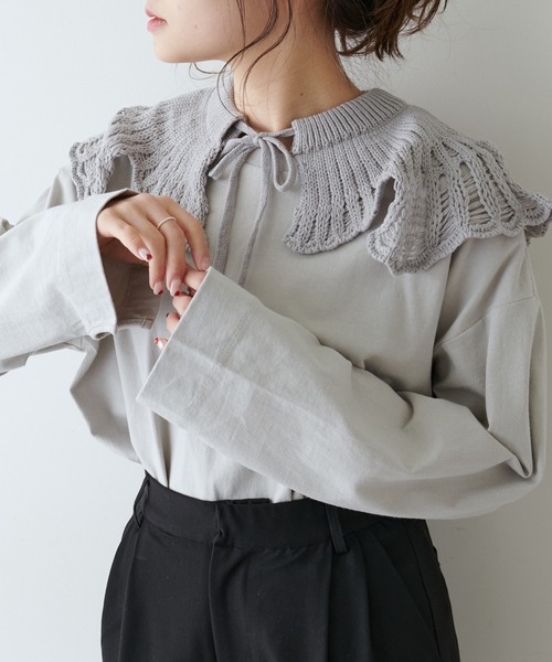 PUAL CE CIN(ピュアルセシン)の「透かし柄編み襟付きカットソー(Tシャツ/カットソー・レディース・ホワイト/ブラック/ライトベージュ・FREE)」の7枚目の写真