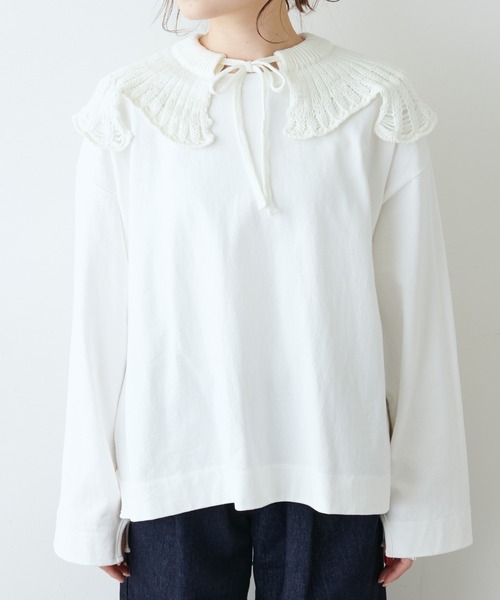 PUAL CE CIN(ピュアルセシン)の「透かし柄編み襟付きカットソー(Tシャツ/カットソー・レディース・ホワイト/ブラック/ライトベージュ・FREE)」の11枚目の写真