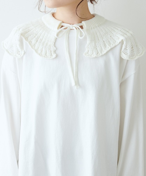 PUAL CE CIN(ピュアルセシン)の「透かし柄編み襟付きカットソー(Tシャツ/カットソー・レディース・ホワイト/ブラック/ライトベージュ・FREE)」の6枚目の写真