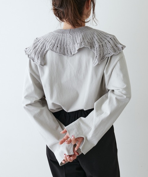 PUAL CE CIN(ピュアルセシン)の「透かし柄編み襟付きカットソー(Tシャツ/カットソー・レディース・ホワイト/ブラック/ライトベージュ・FREE)」の4枚目の写真