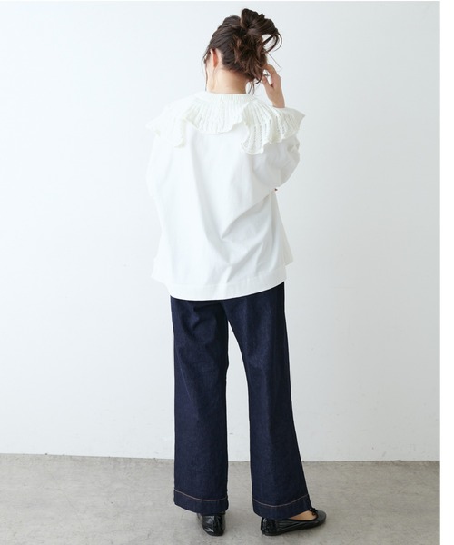 PUAL CE CIN(ピュアルセシン)の「透かし柄編み襟付きカットソー(Tシャツ/カットソー・レディース・ホワイト/ブラック/ライトベージュ・FREE)」の5枚目の写真