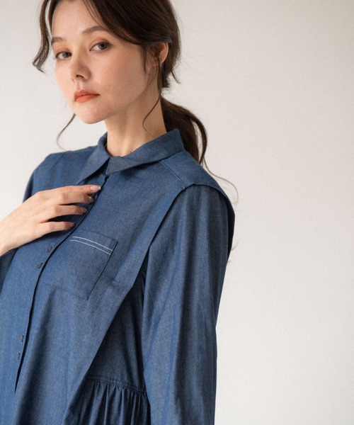 idem(イデム)の「side frill chambray onepiece/サイドフリルデニムシャツワンピース(シャツワンピース・レディース・ライトブルー/ネイビー・FREE)」の5枚目の写真