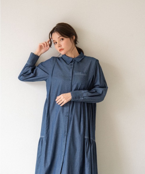 idem(イデム)の「side frill chambray onepiece/サイドフリルデニムシャツワンピース(シャツワンピース・レディース・ライトブルー/ネイビー・FREE)」の22枚目の写真