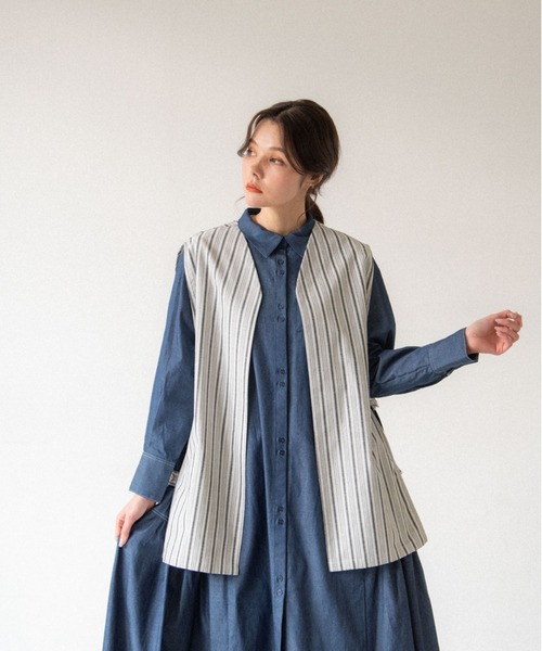 idem(イデム)の「side frill chambray onepiece/サイドフリルデニムシャツワンピース(シャツワンピース・レディース・ライトブルー/ネイビー・FREE)」の10枚目の写真