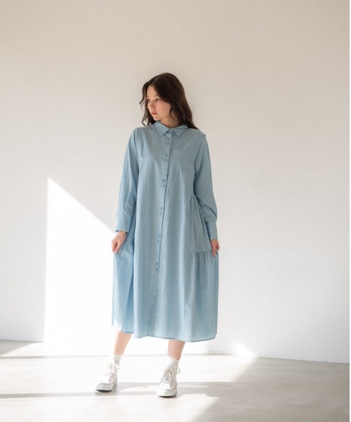 idem(イデム)の「side frill chambray onepiece/サイドフリルデニムシャツワンピース(シャツワンピース・レディース・ライトブルー/ネイビー・FREE)」の20枚目の写真