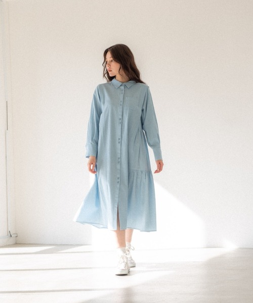 idem(イデム)の「side frill chambray onepiece/サイドフリルデニムシャツワンピース(シャツワンピース・レディース・ライトブルー/ネイビー・FREE)」の11枚目の写真