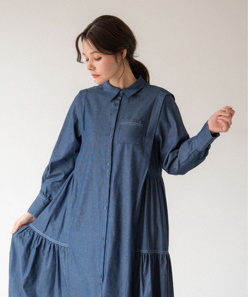 idem(イデム)の「side frill chambray onepiece/サイドフリルデニムシャツワンピース(シャツワンピース・レディース・ライトブルー/ネイビー・FREE)」の12枚目の写真
