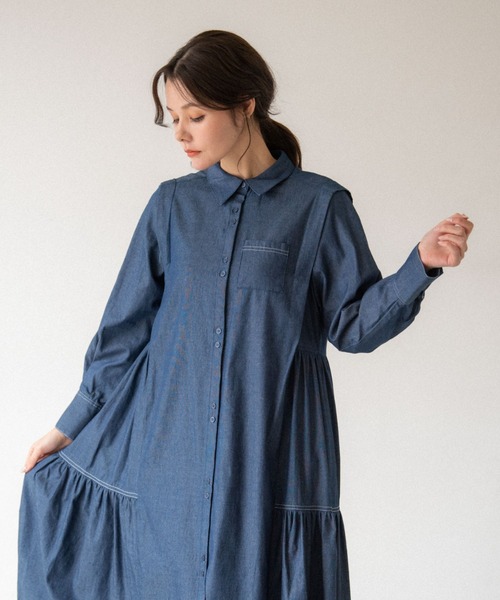 idem(イデム)の「side frill chambray onepiece/サイドフリルデニムシャツワンピース(シャツワンピース・レディース・ライトブルー/ネイビー・FREE)」の9枚目の写真