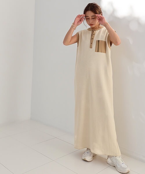 CREDONA（クレドナ）の「ワッフルコンビノースリOP（ワンピース・レディース・ベージュ/カーキ・FREE）」の3枚目の写真