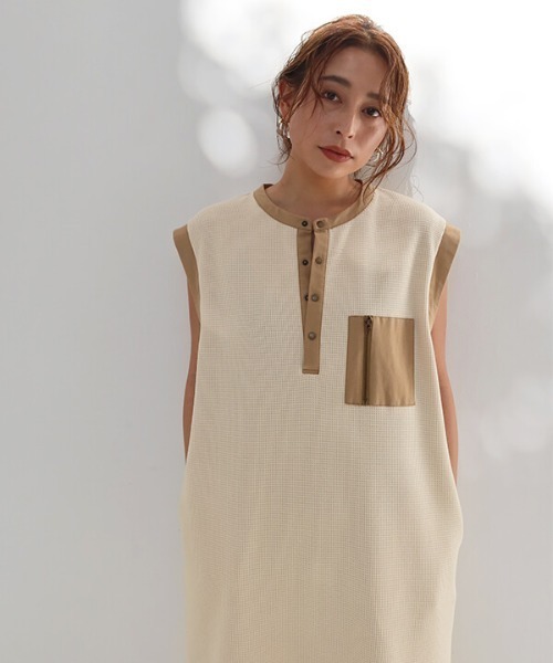 CREDONA（クレドナ）の「ワッフルコンビノースリOP（ワンピース・レディース・ベージュ/カーキ・FREE）」の7枚目の写真