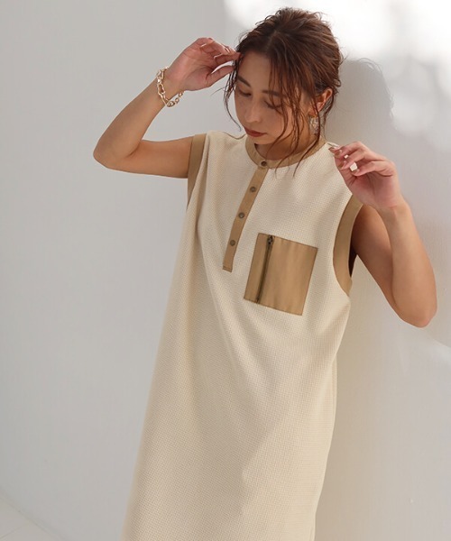 CREDONA（クレドナ）の「ワッフルコンビノースリOP（ワンピース・レディース・ベージュ/カーキ・FREE）」の8枚目の写真