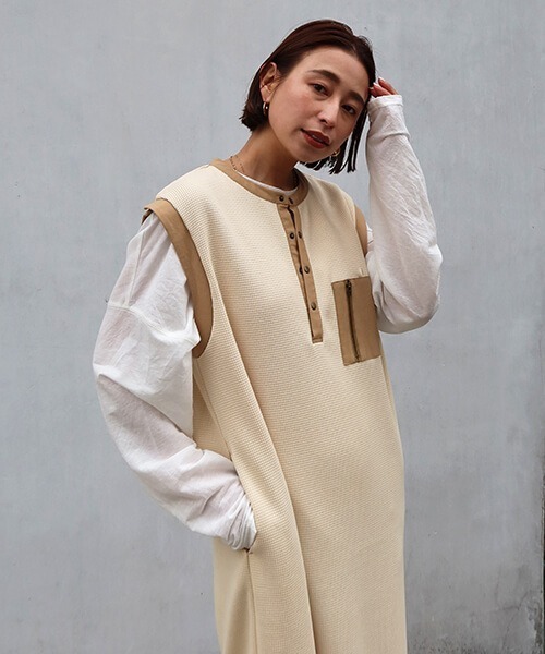 CREDONA（クレドナ）の「ワッフルコンビノースリOP（ワンピース・レディース・ベージュ/カーキ・FREE）」の12枚目の写真