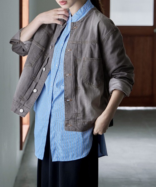 Fashion Letter（ファッションレター）の「ノーカラーデニムジャケット 秋服（デニムジャケット・レディース・ネイビー/ブルー/グレー・LL/3L/4L/L/M）」の2枚目の写真