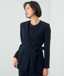 ANAYI ネイビー　ノーカラージャケット ANAYI ジャケット ノーカラージャケット ミックスツイードロング