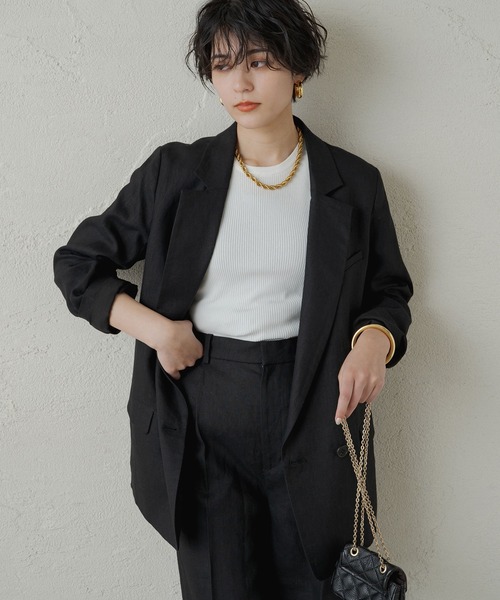 【タグ付】ラウンジドレス リネンダブルジャケット ブラック テーラード LOUNGEDRESS（ラウンジドレス）の「リネンダブルジャケット